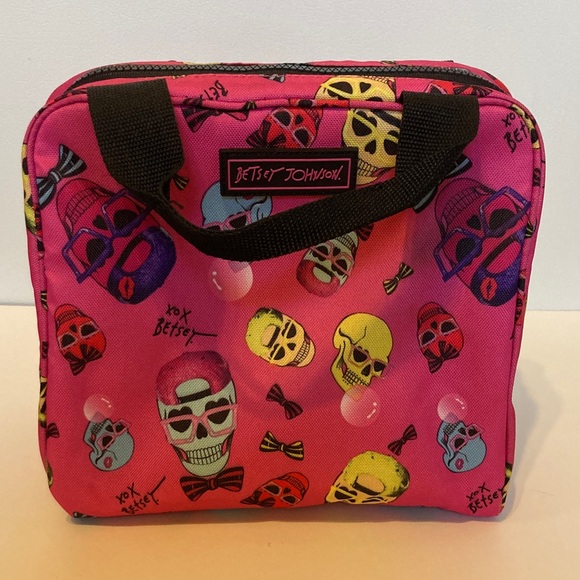 Betsey Johnson Insulated Zip Lunch Tote Skull Sunglasses Black & Pink Colorful - Picture 4 of 14